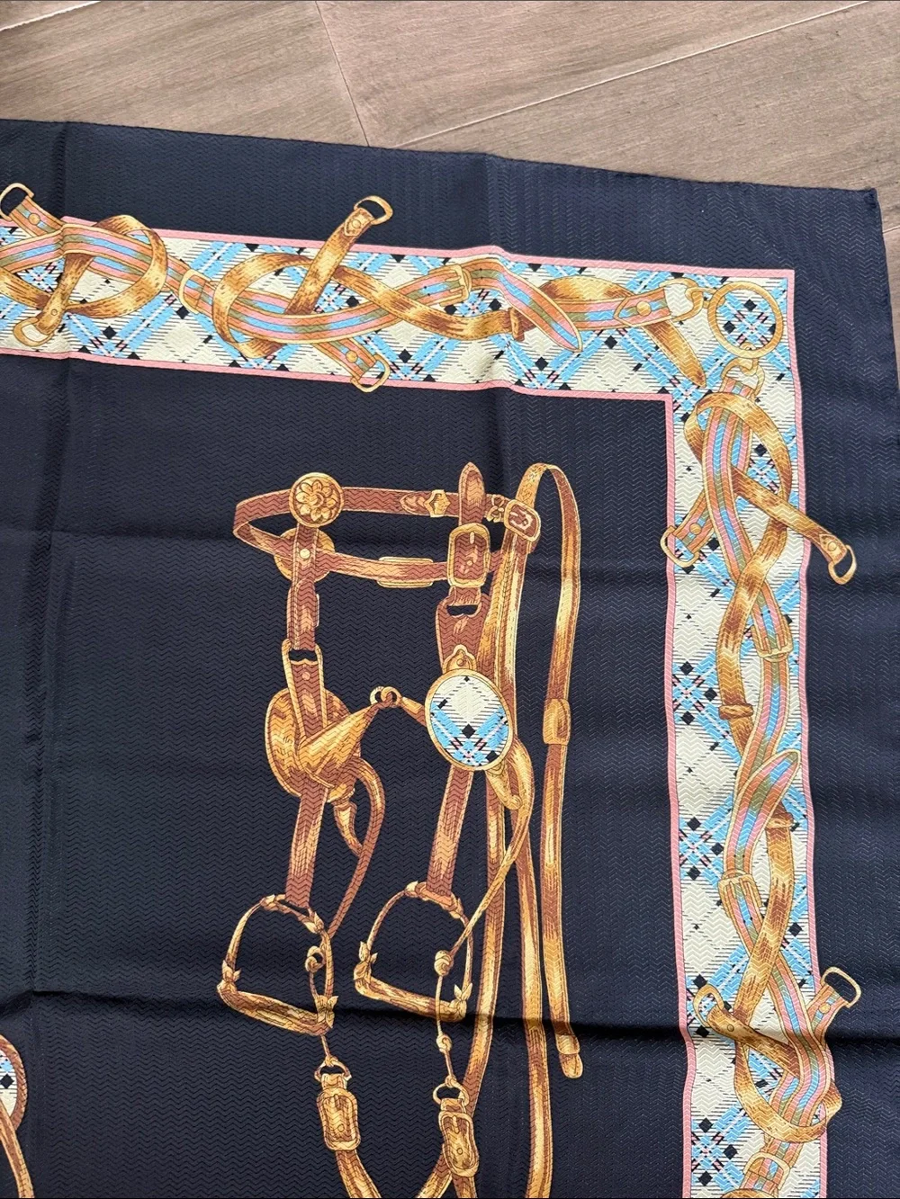 Vintage Italian 100% Silk Equestrian Print Scarf – Black & Gold